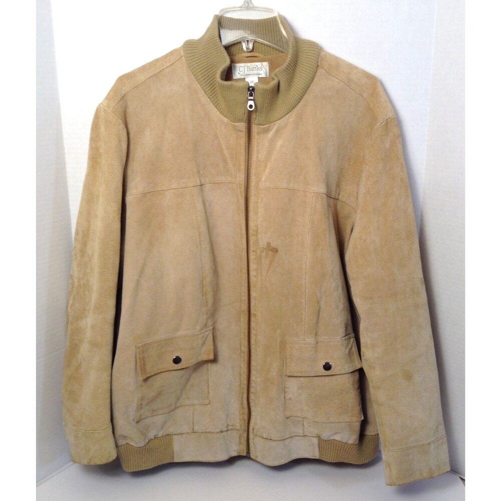 Vtg CJ Banks Suede Leather Jacket Men 2X Tan Lined Bomber Aviator Coat 90s